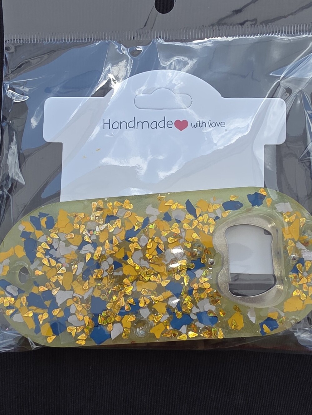 Handcrafted Gold and Blue Confetti Bottle Opener -